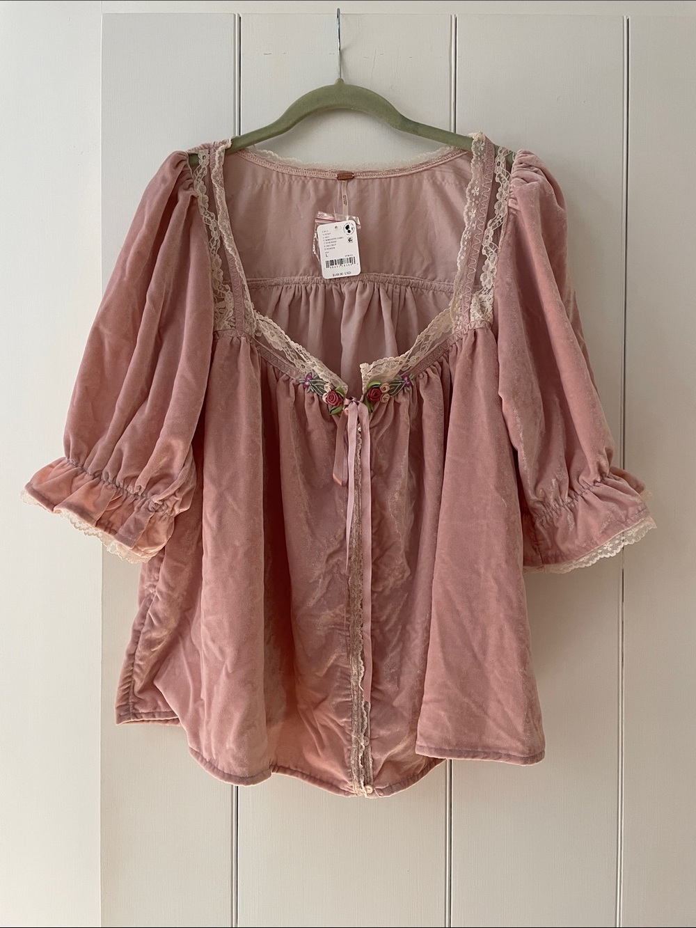 Free People Let's Voyage Velvet Rosebuds Lace Trims Vintage Top sz L NWT